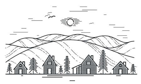 Rural village in mountains range linear vector illustration isolated on white, wooden houses in trees forest line art drawing, countryside log cabins cottages, travel in wilderness for rest.のイラスト素材