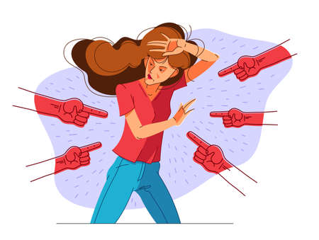 Young girl in problem and pointing finger hands vector illustration concept of bullying and shaming, mockery and discrimination theme.のイラスト素材