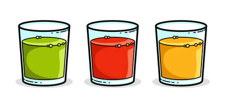 Juice set of green red and orange in a glasses isolated on white background vector illustration, cartoon style logo or badge for pure fresh juice, diet food beverage delicious and healthy.のイラスト素材