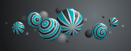 Abstract realistic glossy spheres vector background, composition of flying balls decorated with patterns, 3D mixed lined globes, depth of field effect.のイラスト素材