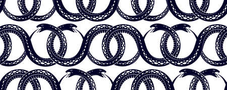 Seamless snakes pattern in vintage drawing style, dangerous poisoned reptiles vector background, endless tiling wallpaper, subculture rock n roll and hard rock theme.のイラスト素材