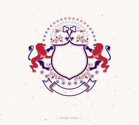 Graphic emblem created with Brave Lion King, ancient key and beautiful ribbon.Heraldic Coat of Arms decorative logo isolated vector illustration.のイラスト素材