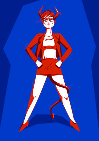 Big boss bossy girl with horns like demon or devil stands confident serious and angry vector illustration, bad boss despot and tyrant concept, bad queen strong and independent woman.のイラスト素材