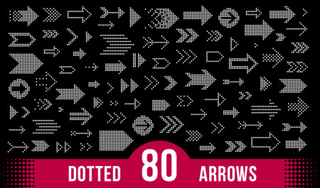 Dotted arrows icons, collection of direction cursors made with dots, perforated symbols, different shapes arrows for graphic design usage.のイラスト素材