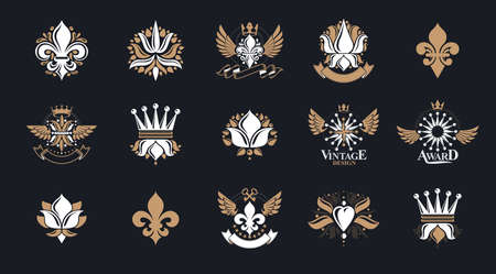 De Lis vintage heraldic emblems vector big set, antique heraldry symbolic badges and awards collection with lily flower symbol, classic style design elements, family emblems.のイラスト素材
