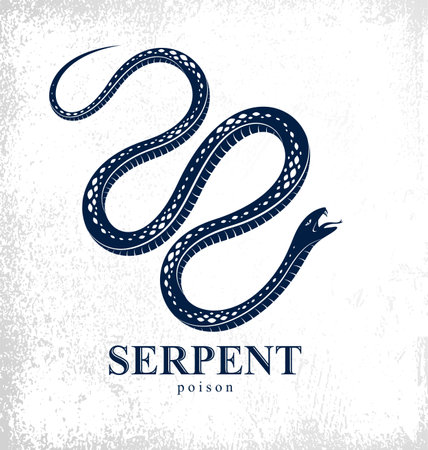 Venomous snake vintage tattoo, emblem of aggressive predator reptile, deadly poisoned serpent symbol, vintage style illustration.のイラスト素材