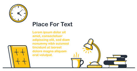 Place of work office table desk vector flat illustration isolated over white, work from home comfortable work space concept, empty chair nobody vacant job concept.のイラスト素材