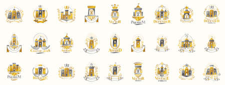 Vintage castles vector logos or emblems, heraldic design elements big set, classic style heraldry architecture symbols, antique forts and fortresses.のイラスト素材