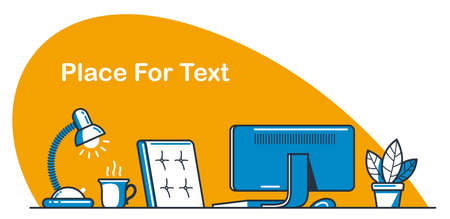 Place of work office table desk vector flat illustration isolated over white, work from home comfortable work space concept, empty chair nobody vacant job concept.のイラスト素材