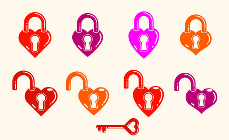 Heart-shaped padlocks icons set, locks and turnkeys love theme in a shape of hearts open or closed emotions, secret feelings concept, Valentine theme.のイラスト素材
