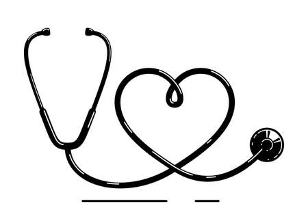 Heart-shaped stethoscope vector simple icon isolated over white background, cardiology theme illustration.のイラスト素材
