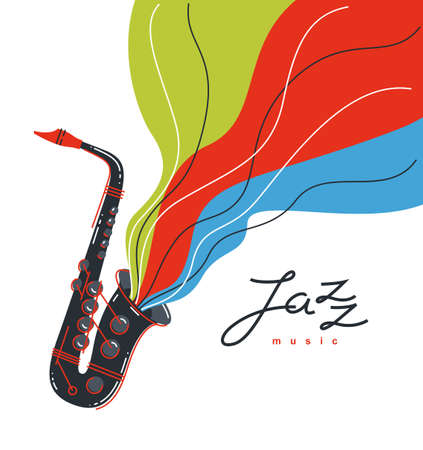 Jazz music emblem flat style illustration isolated, saxophone logotype for recording label or studio or musical band.のイラスト素材