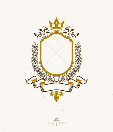 Graphic emblemcreated with ancient Crown and laurel wreath. Heraldic vector design element decorated with ribbon.のイラスト素材