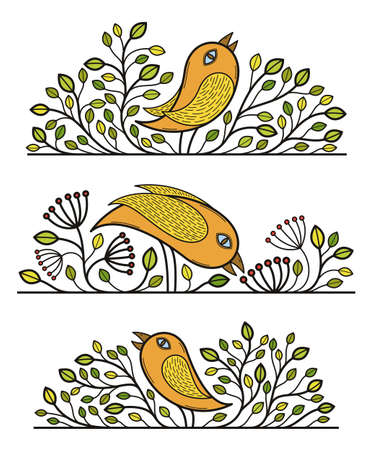 Beautiful bird on a branch linear floral vector design isolated on white, leaves elegant text divider border element for layouts, fashion style classical emblem, luxury vintage graphics.のイラスト素材