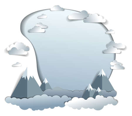High mountain peaks range scenic landscape of summer with clouds in the sky, frame or border with copy space, paper cut style childish illustration, holidays, travel and tourism theme.のイラスト素材