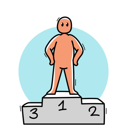 Funny cartoon man standing confident on a pedestal vector flat style illustration isolated on white, cute and positive small guy drawing or icon, champ or successful businessman concept.のイラスト素材