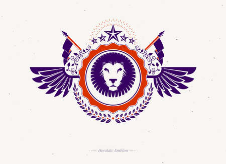 Heraldic coat of arms decorative emblem with wings created using wild lion illustration and pentagonal stars.のイラスト素材
