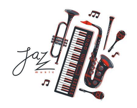 Jazz music band poster vector flat illustration, live sound festival or concert advertising flyer or banner, play different instruments orchestra.