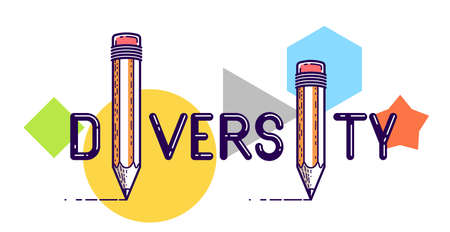 Diversity word with pencil instead of letter I, variety and personality concept, vector conceptual creative logo or poster made with special font.のイラスト素材