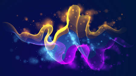 3d particles mesh array, sound wave flowing over dark background. Shining points vector effect...