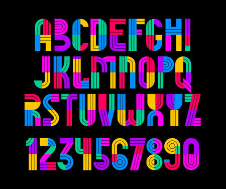 Children colorful geometric font vector alphabet, kid play game typeset, original letters can be used for logo creation, uppercase and numbers.のイラスト素材