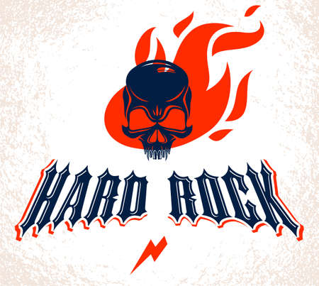 Skull in a flames Hard Rock music vector logo or emblem, aggressive skull dead head on fire Rock and Roll label, Punk festival concert or club, musical instruments shop or recording studio.のイラスト素材