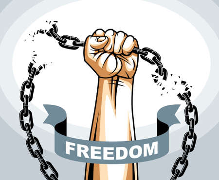 Slavery theme illustration with strong hand clenched fist fighting for freedom against chain, vector logo or tattoo, getting free, struggle for liberty.のイラスト素材