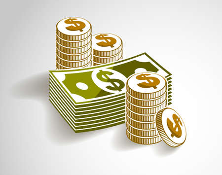 Cash money still-life with coins and banknote dollar stack, classic style vector illustration.のイラスト素材