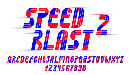 Speed blast sport style font, vector geometric futuristic alphabet, numbers included, 90s style technology typeface, useful for logo creation.のイラスト素材