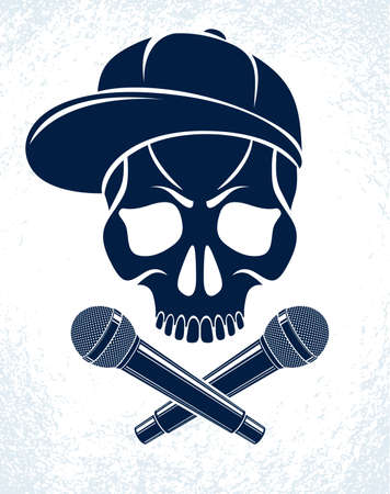 Rap music vector logo or emblem with aggressive skull and two microphones crossed like bones, Hip Hop rhymes festival concert or night club party label, t-shirt print.のイラスト素材