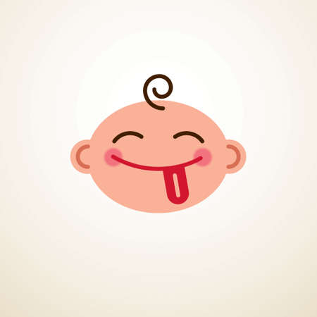Cute baby cartoon vector flat icon, adorable happy and smiling showing tongue child emoji.のイラスト素材