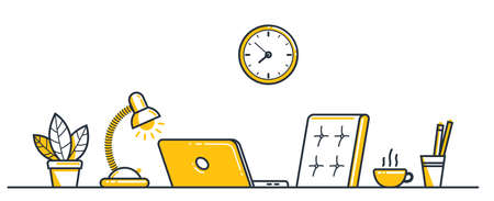 Work desk flat illustration isolated over white, office or home working place vector modern illustration, empty chair nobody vacant job concept, comfortable space for work.のイラスト素材
