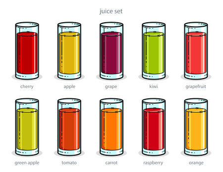 Big set of different juices of diverse colors in glasses vector bright illustrations or icons isolated on white, cartoon style logo or badge for pure fresh juice, diet food beverage delicious and healthy.のイラスト素材
