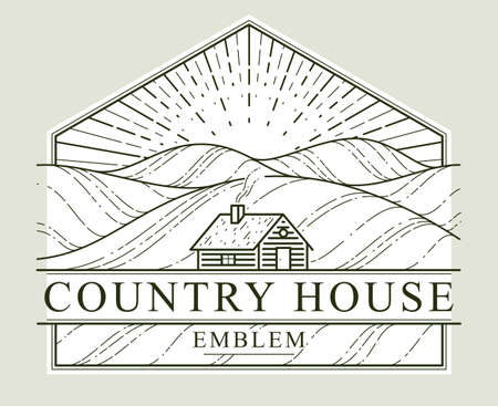 Cabin in grasslands and meadows linear vector nature emblem isolated on white, log cabin cottage for rest, holidays and vacations theme line art logo, beauty in nature, woodhouse resort.のイラスト素材