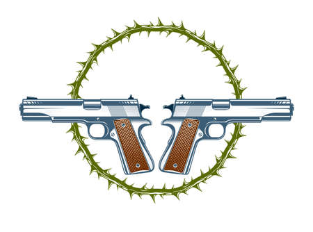 Two crossed handguns vector emblem or logo isolated on white, vintage style coat of arms crest, weapons, army force or gang sign.のイラスト素材