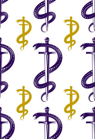 Repeat snakes seamless vector pattern, tiling endless background with venom reptiles in vintage style, subculture rock n roll and hard rock theme.のイラスト素材