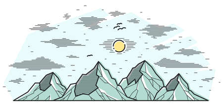 Mountains range linear vector illustration isolated on white, line art drawing of mountain peaks wilderness wanderlust theme, beautiful nature landscape.のイラスト素材