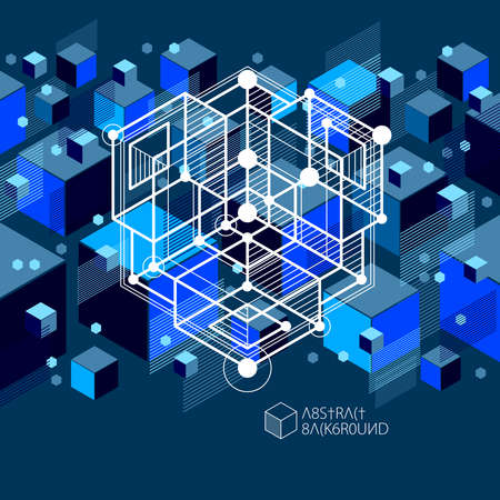 Technical blueprint, vector blue black digital background with geometric design elements, cubes. Engineering technological wallpaper made with honeycombs.のイラスト素材