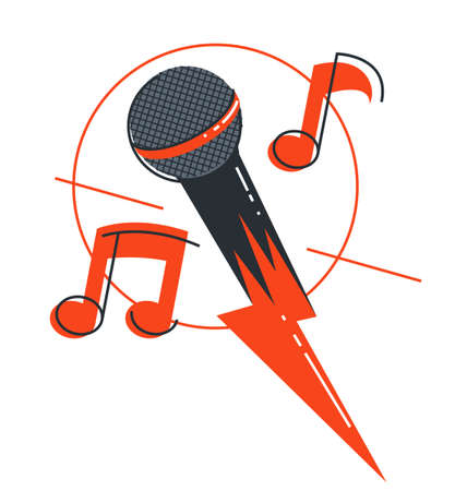 Microphone emblem isolated over white background vector flat linear style illustration isolated, logo or icon for singer or rapper or stand-up comic.のイラスト素材