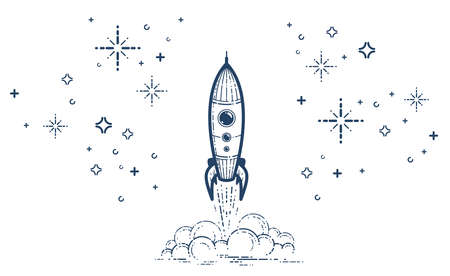 Rocket launch vector simple linear icon, missile start up business line art illustration, space technology and science, science fiction literature sign.のイラスト素材