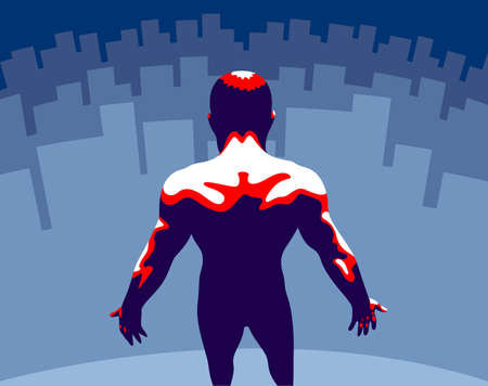 Strong muscular man back vector illustration, philosophical concept of mindfulness and self actualization, spiritual practices, man in search of himself.のイラスト素材