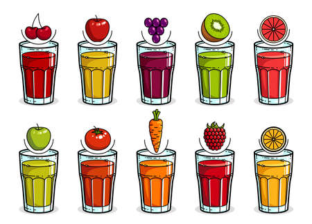Big set of different juices of diverse colors in glasses vector bright illustrations or icons isolated on white, cartoon style badge for pure fresh juice, diet food beverage delicious and healthy.のイラスト素材