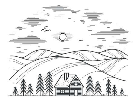 Cabin in grasslands and meadows linear vector nature illustration isolated on white, pine forest log cabin cottage for rest, holidays and vacations theme line art drawing, beauty in nature, woodhouse resort.のイラスト素材