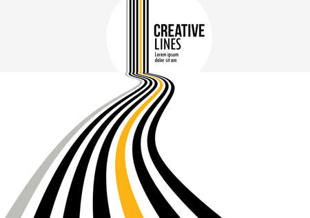 3D black and white lines in perspective with yellow elements abstract vector background, linear perspective illustration op art, road to horizon.のイラスト素材