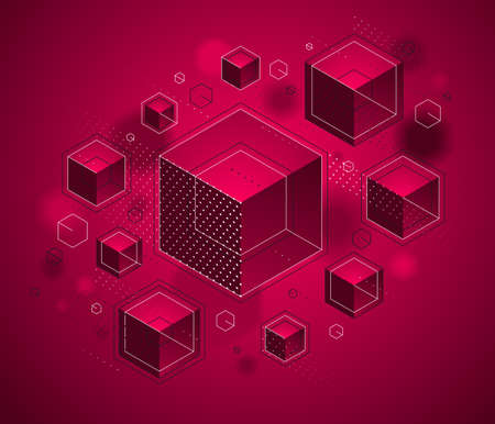 Cubes cluster with lines and dots elements vector abstract background, 3D abstraction techno style, geometric design, technology and science theme.のイラスト素材