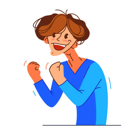 Happy boy excited with winner gesture vector illustration, young man saying yes to success and goal cartoon drawing, champion win.のイラスト素材