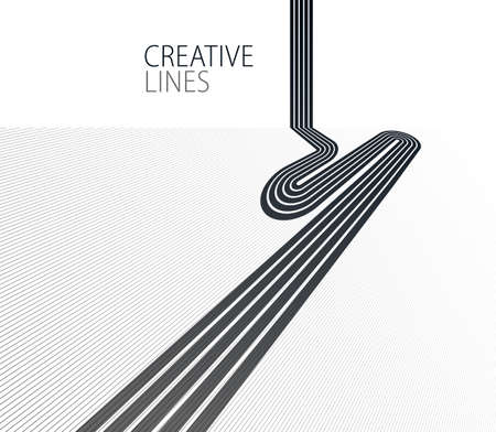 Linear composition vector road to horizon, abstract background with lines in 3D perspective, optical illusion op art, black and white monochrome.のイラスト素材