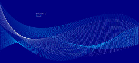 Blue dots in motion dark vector abstract background, particles array wavy flow, curve lines of points in movement, technology and science illustration.のイラスト素材