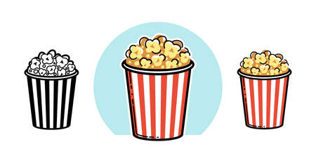 Popcorn vector cartoon style illustration isolated on white, watch movie in theater or TV at home.のイラスト素材