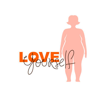 Love yourself vector concept, silhouette of fat plus size woman and lettering, be selfish, accept your body, take care of yourself.のイラスト素材